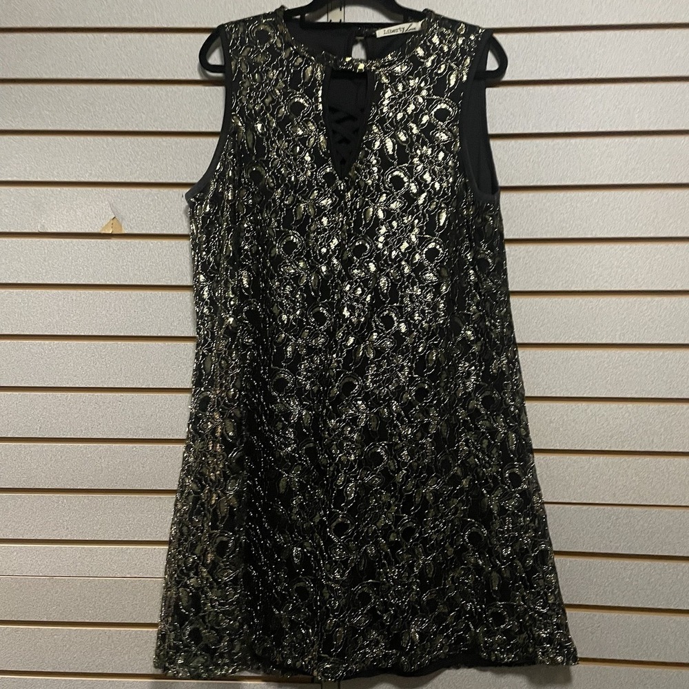 Liberty Love Women's Sleeveless Dress 2XL Nylon Blend‎ Black Gold Shiny Floral